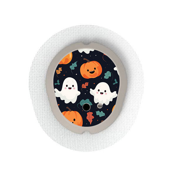 Dexcom G7 transmitter sticker: Cheery ghosts and pumpkins