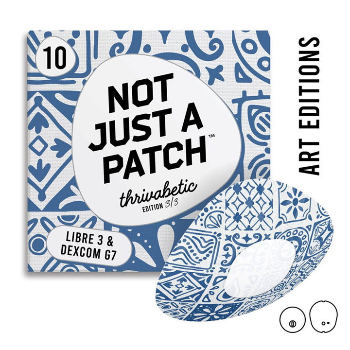 Not Just a Patch X Thrivabetic Adhesive patches for Dexcom G7 &amp; Freestyle Libre 3: Mediterranean Mosaic Blue - Pack of 10