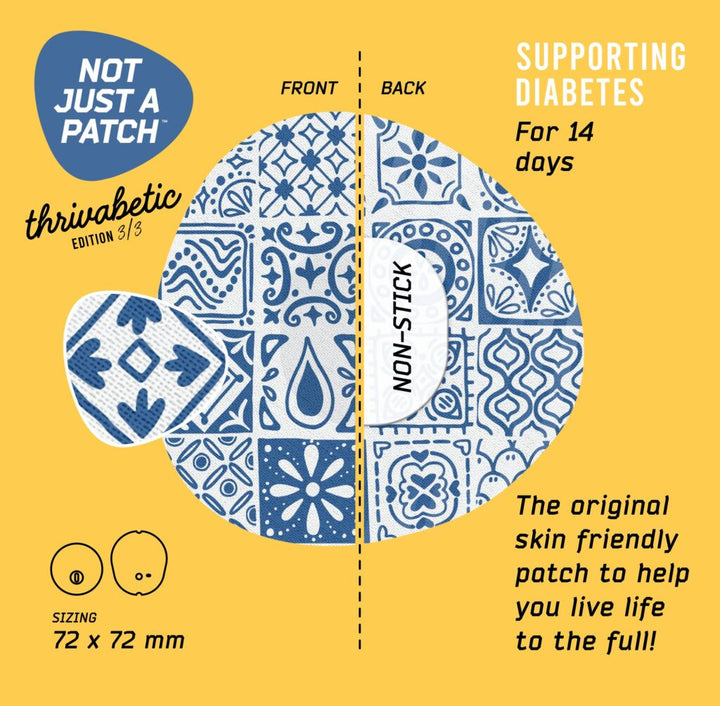 Not Just a Patch X Thrivabetic Adhesive patches for Dexcom G7 &amp; Freestyle Libre 3: Mediterranean Mosaic Blue - Pack of 10