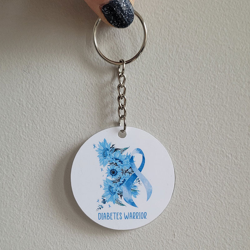 Diabetes warrior blue ribbon and flowers keychain