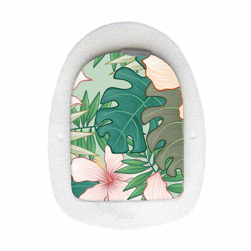Omnipod decorative sticker: Green pink tropical flowers